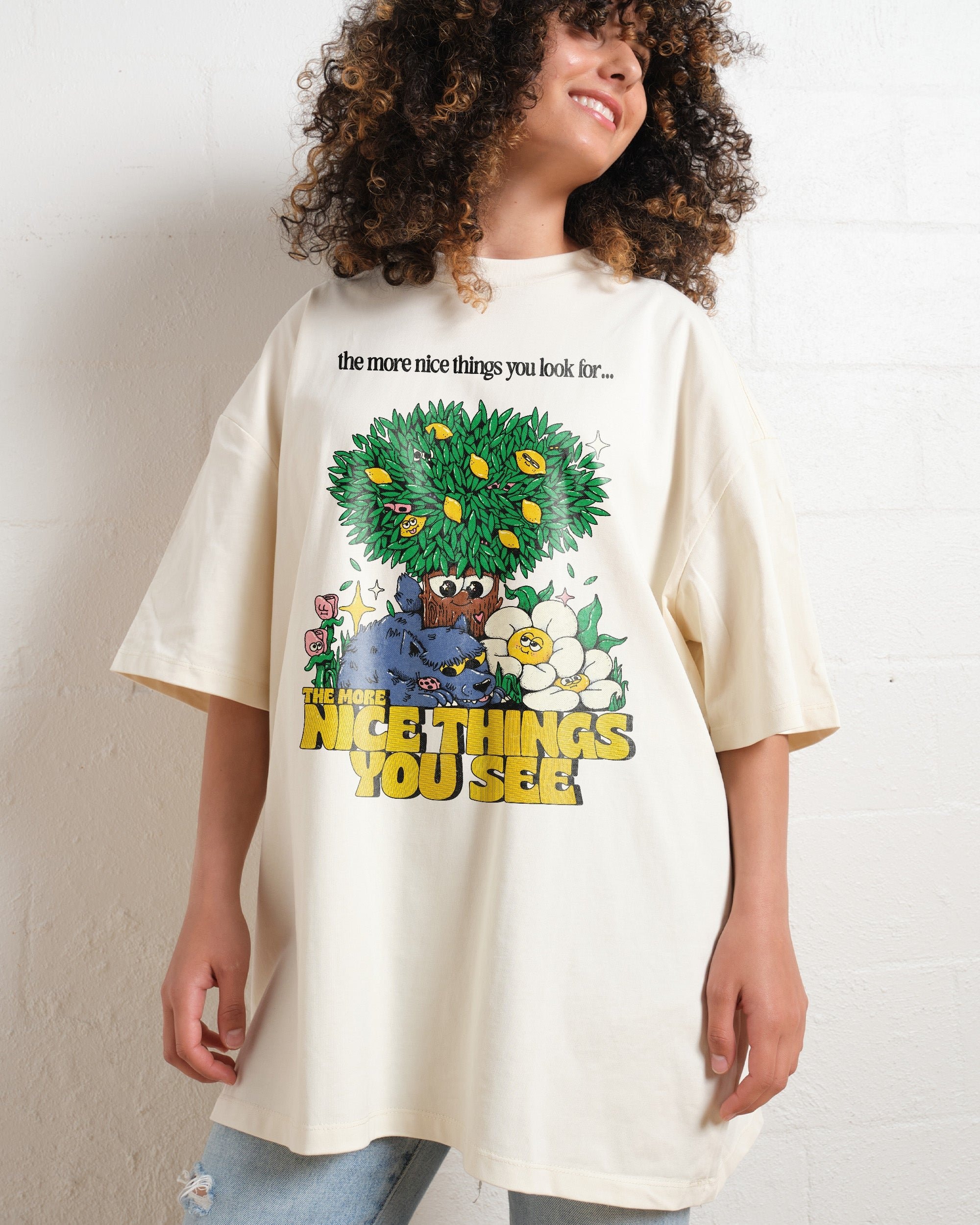 Nice Things Oversized Graphic Tee - 90s Boxy Fit, Dropped Shoulders, 100% Combed Cotton Unisex