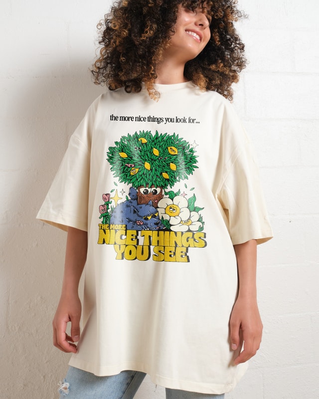 Nice Things Oversized Graphic Tee - 90s Boxy Fit, Dropped Shoulders, 100% Combed Cotton Unisex
