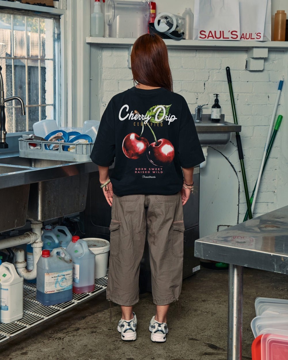 Cherry Drip Oversized Graphic Tee Unisex 90s Boxy Fit 100% Combed Cotton Threadheads