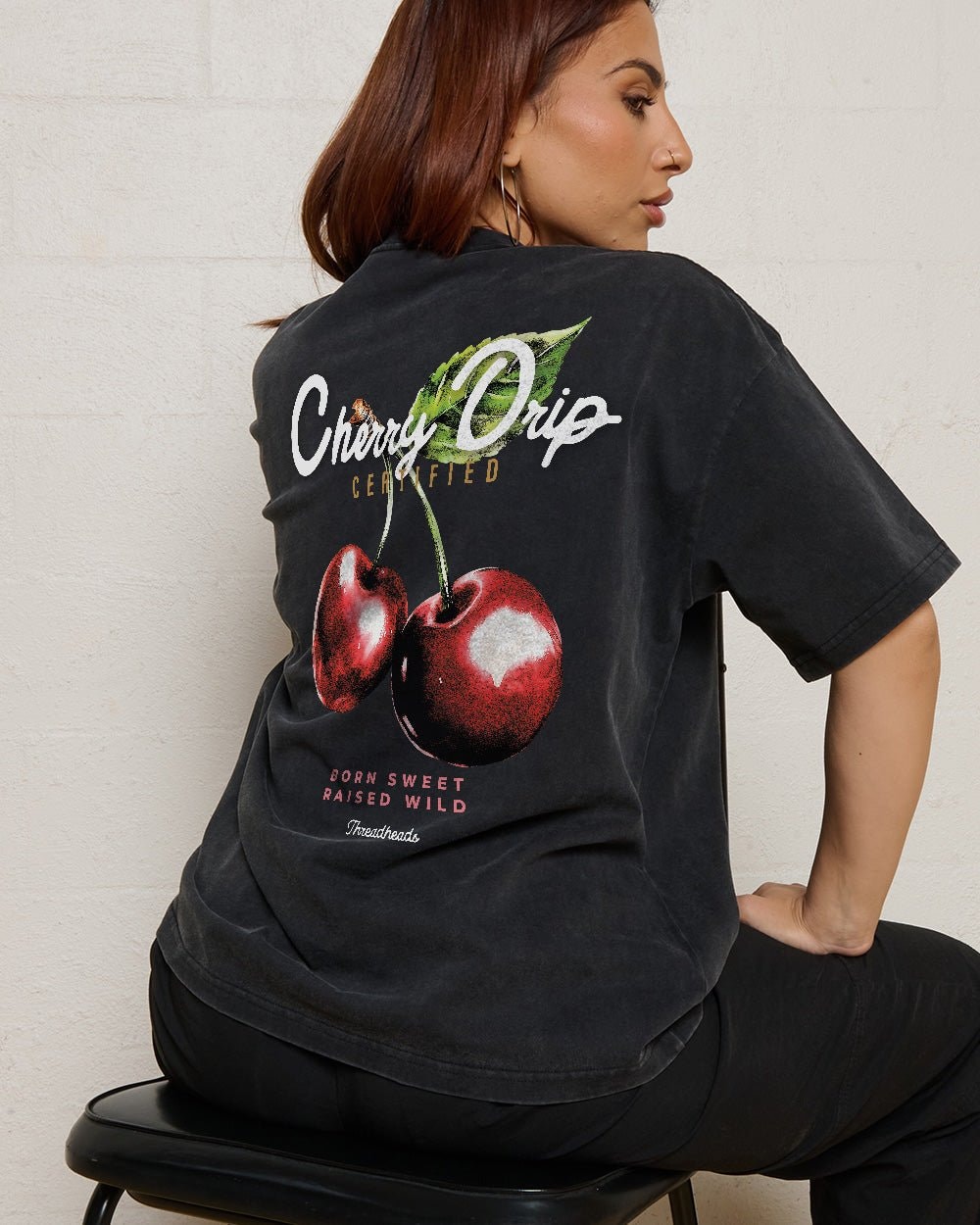 Cherry Drip Oversized Graphic Tee Unisex 90s Boxy Fit 100% Combed Cotton Threadheads