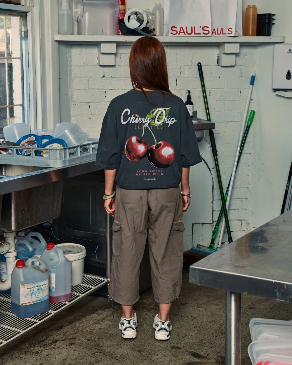 Cherry Drip Oversized Graphic Tee Unisex 90s Boxy Fit 100% Combed Cotton Threadheads