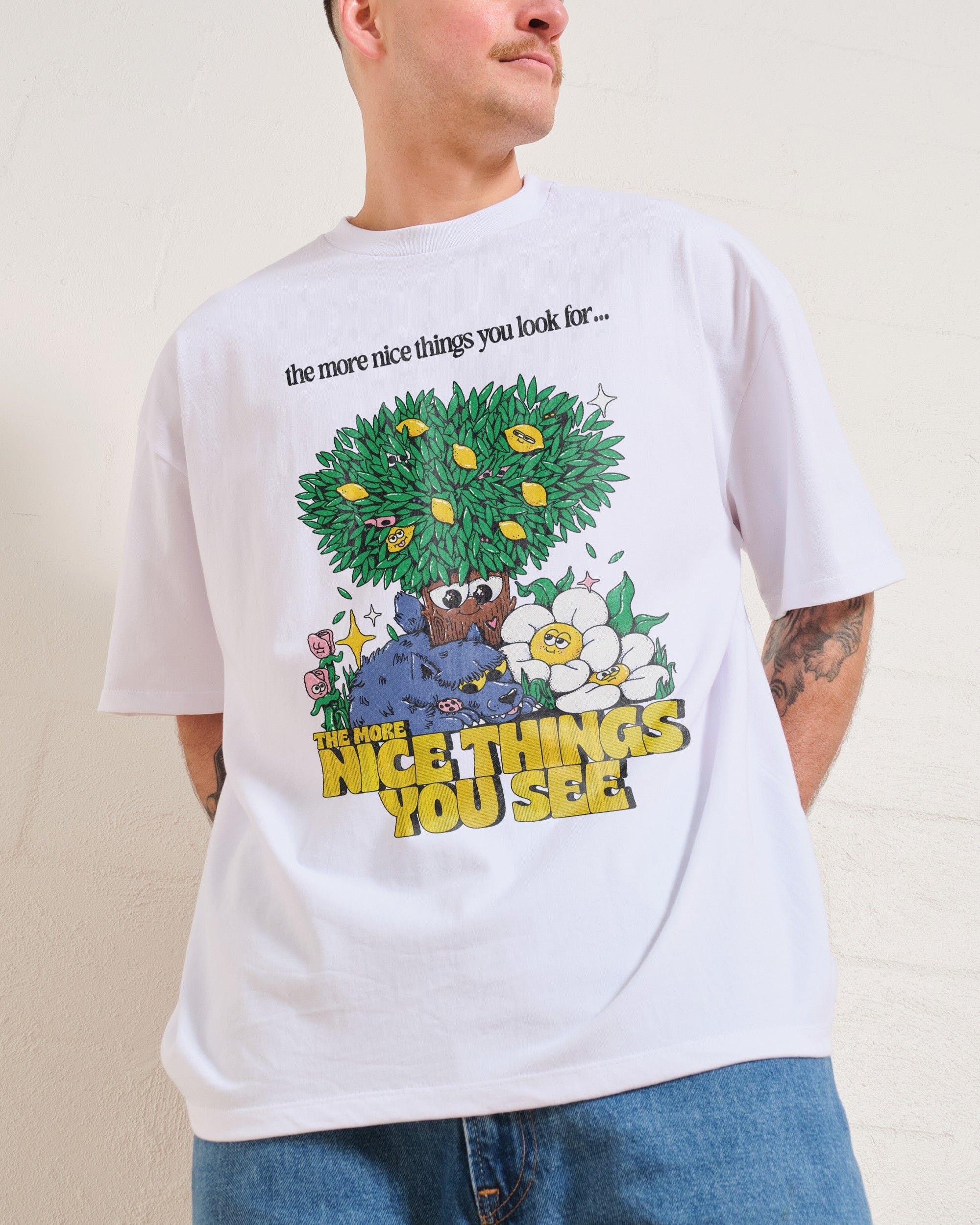 Nice Things Oversized Graphic Tee - 90s Boxy Fit, Dropped Shoulders, 100% Combed Cotton Unisex